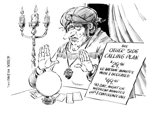 Fortune teller with crystal ball and sign explaining calling plans to the 'other side'.