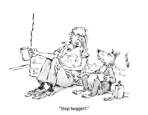 Panhandler to dog, 'Stop beggin'!'