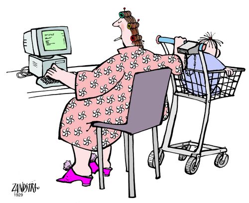 Housewife shopping online with her baby in a trolley.