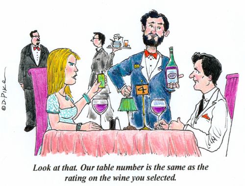 'Look at that. Our table number is the same as the rating on the wine you selected.'