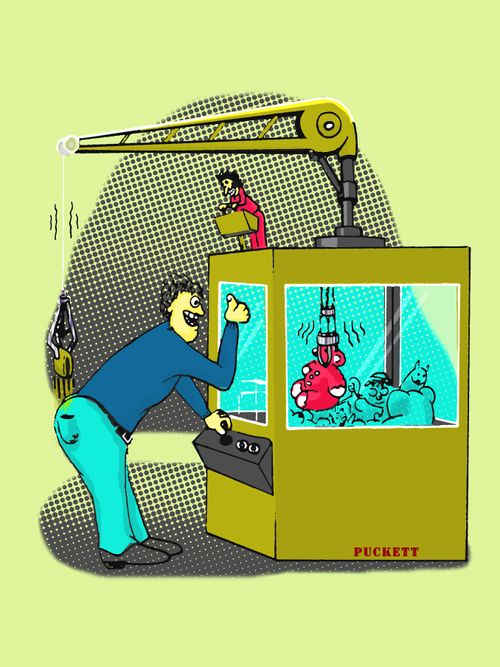 A man is excited for capturing a toy from a skill crane while at the same time is being robbed of his wallet by a miniature man using a crane to steal it from him.