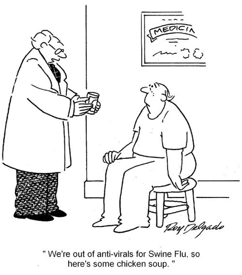 'We're out of anti-virals for Swine Flu, so here's so chicken soup.'
