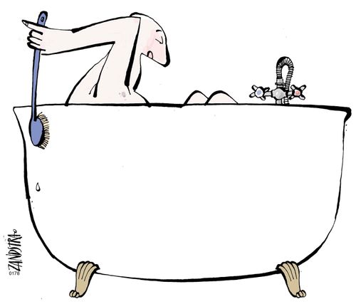 Man in a bath scrubbing the bath instead of his back.