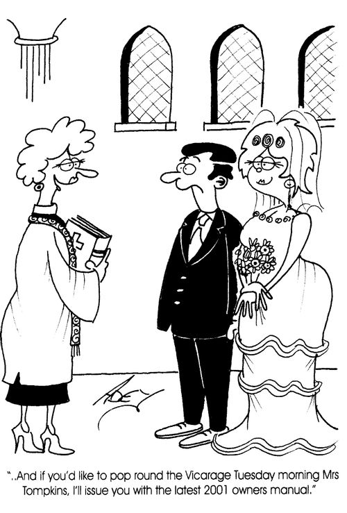 Lady vicar offering new bride a husband owner's manual.