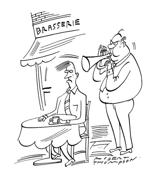 Man sitting outside 'Brasserie' gets trumpet played in ear