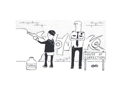 Youth at House of Correction covering graffiti with correction fluid.