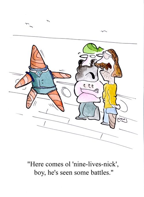 'Here's come ol 'nine-lives-nick', boy, he's seen some battles.'