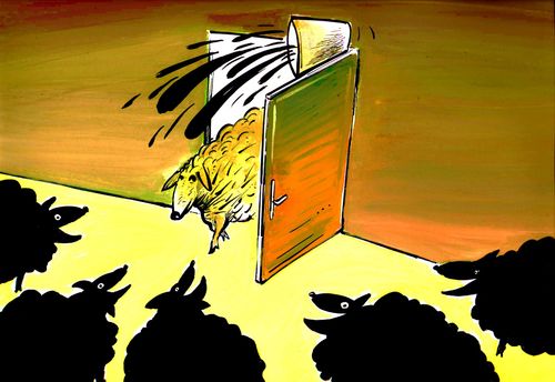 Sheep walks into a room to find the other black sheep are playing a joke on him. The bucket on top of the door is filled with black liquid.
