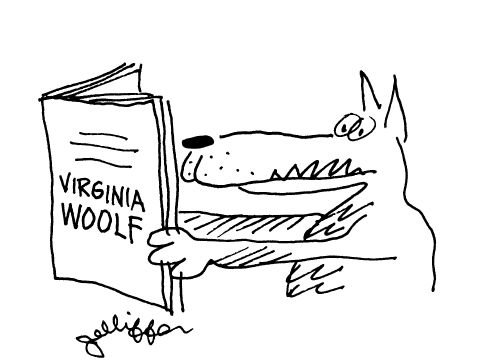 A wolf reading Virginia Woolf.