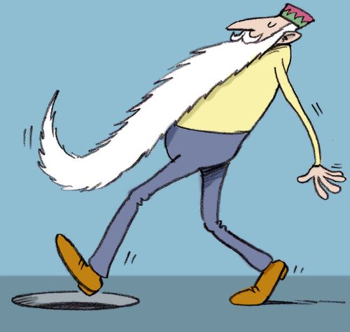 man with huge beard about to fall in a hole