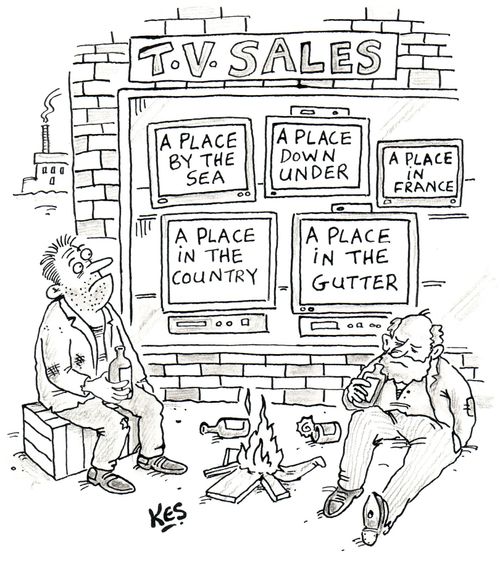 Tramps sit outside of T.V. sales store(new reality show 'a place in the gutter').