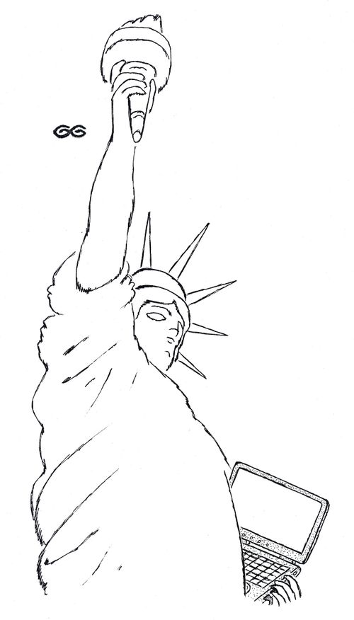 The Statue of Liberty holding a laptop.