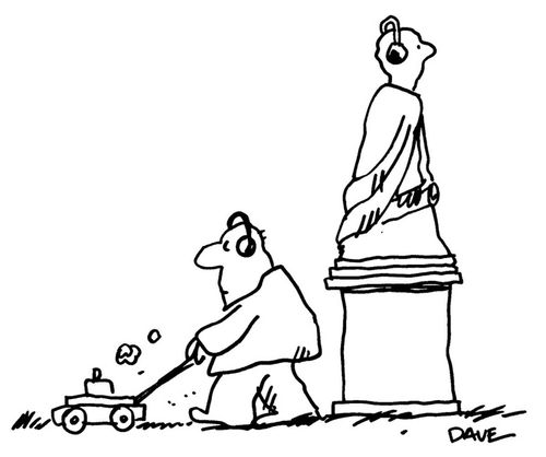 Man mowing grass, he's wearing ear protectors, statue is also wearing ear protectors.