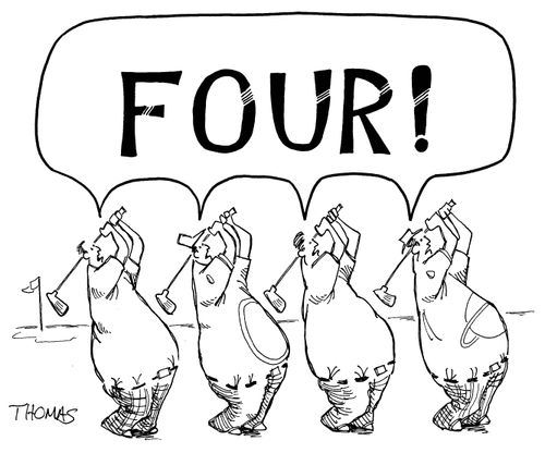 Four golfers shouting 'Four'.