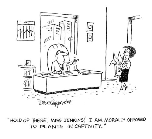 'Hold up there, Miss Jenkins!  I am morally opposed to plants in captivity.'