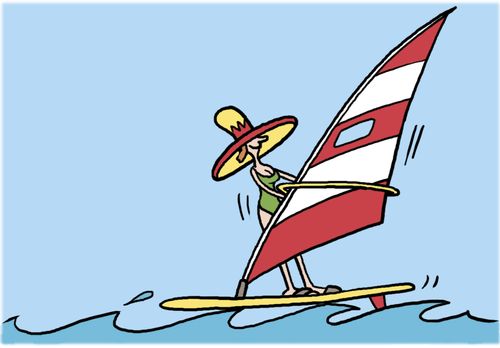 Woman windsurfer wearing a sombrero.
