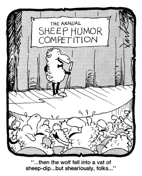 '...then the wolf fell into a vat of sheep-dip...but sheariously, folks...'
