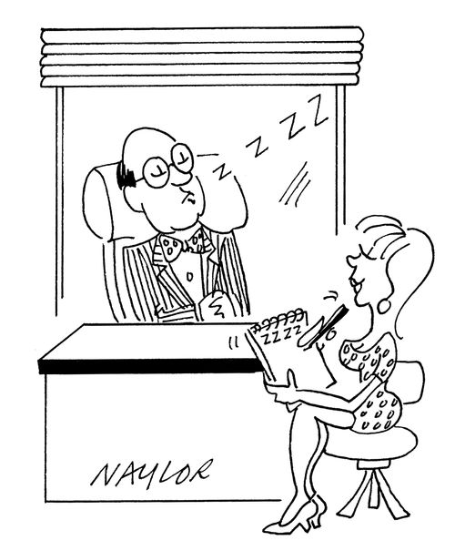 Stenographer transcribing 'zzzz' as boss sleeps.