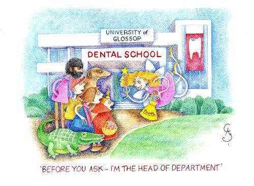 Tooth fairy telling new students that she is the Head of Dentistry at their University