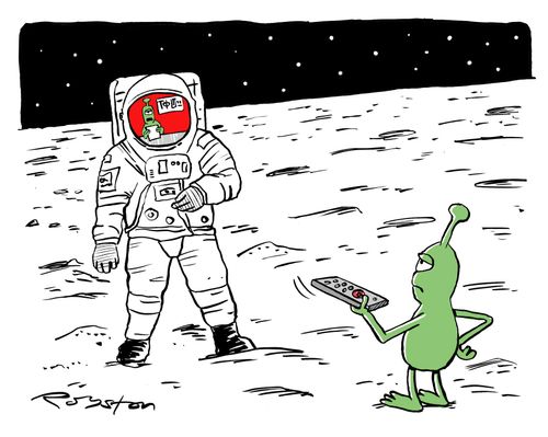 Alien uses astronaut's visor as TV to watch news.