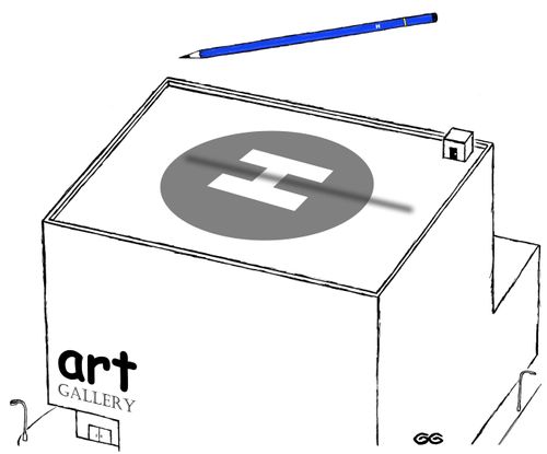 An H pencil landing on top of an art gallery.