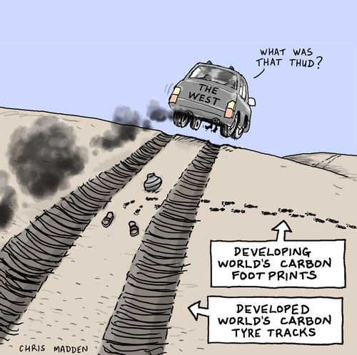 The developing world's carbon footprint, compared to the developed world's carbon tire tracks.