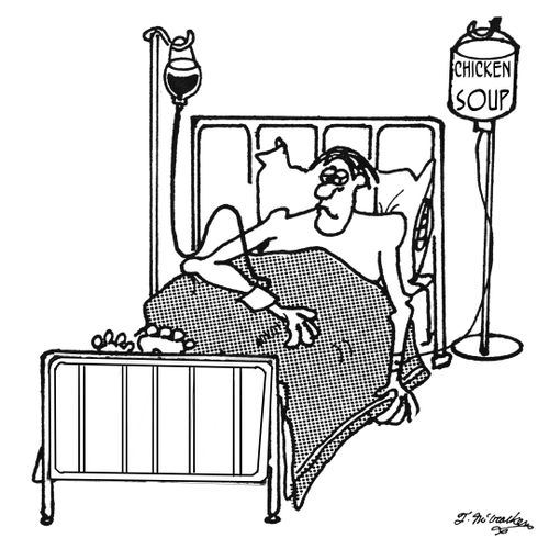 Chicken soup is in an intravenous drip.