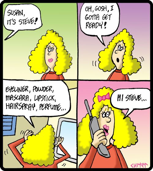 Woman dresses up to talk to a suitor on the phone.