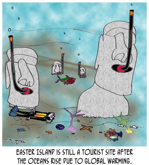 Easter Island is still a tourist site after the oceans rise due to global warming.