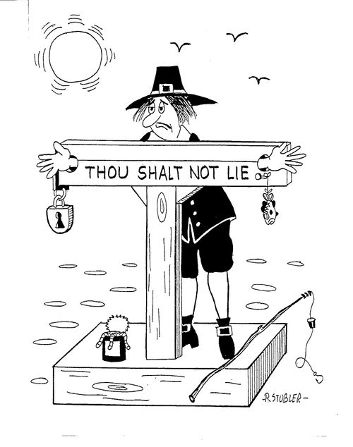 Fisherman put in the stocks with a sign: 'Thou Shalt Not Tell a Lie.'