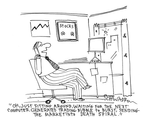 'Oh, just sitting around, waiting for the next computer generated trading bubble to burst, sending the market into death spiral.'