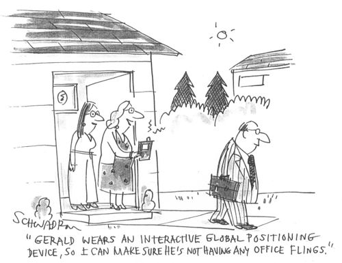 'Gerald wears an interactivre global positioning device, so I can make sure he's not having any office flings.'