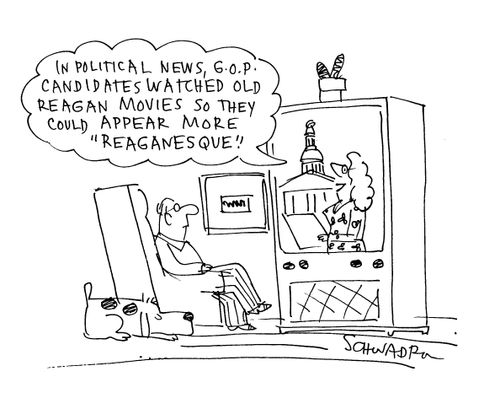 'In political news, GOP candidates watched old Reagan movies so they could appear more 'Reaganesque'.'