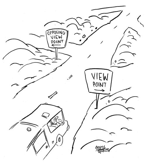 RV travelers see signs 'Viewpoint' and 'Opposing Viewpoint'.