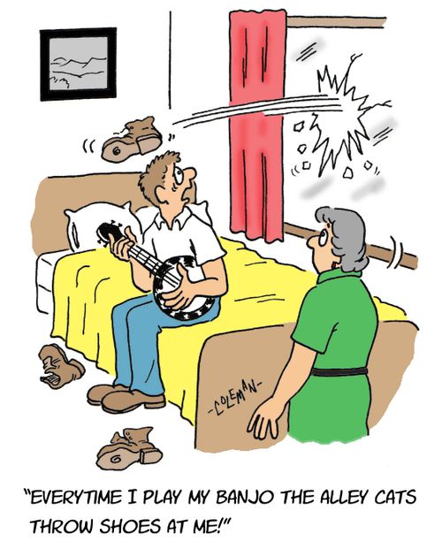 Every time I play my banjo the alley cats throw shoes at me!