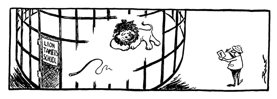 Lion Tamers School - Lion licking his lips examiner marking a fail