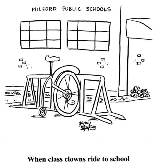 Clown unicycle parked at school: 'When class clowns ride to school'