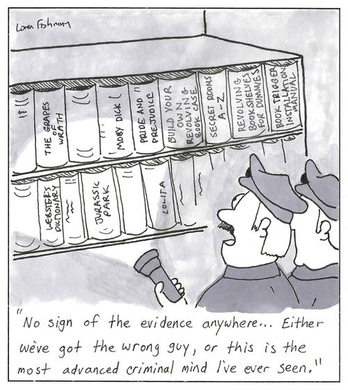 Cops overlooking an obvious revolving bookcase.