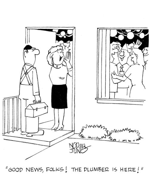 'Good news, folks! The plumber is here!'