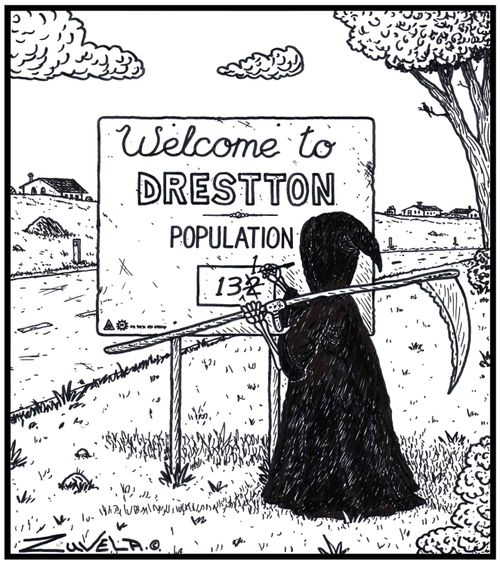 The Grim Reaper updating a town's population sign.