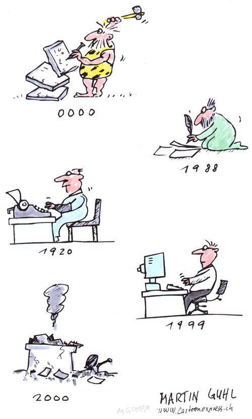 Progression of human writing, from chisled stone to computers until 2000 when the computer has blown up
