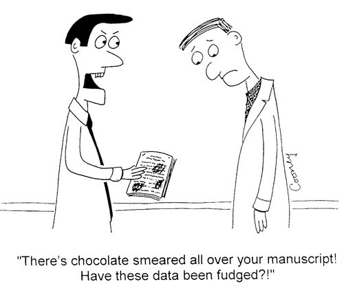 "There's choclate smeared all over your manuscript! Have these figures been fudged?!"