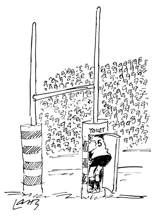 Rugby player with a convenient toilet in the goal posts