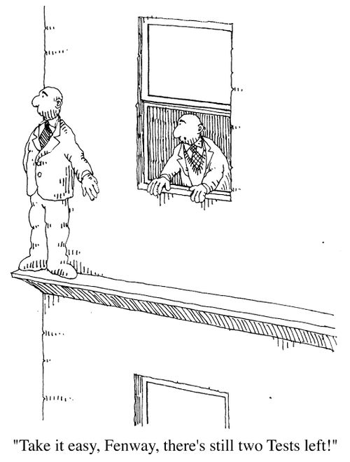 Man contemplating suicide "Take it easy, Fenway, there's still two tests left!'
