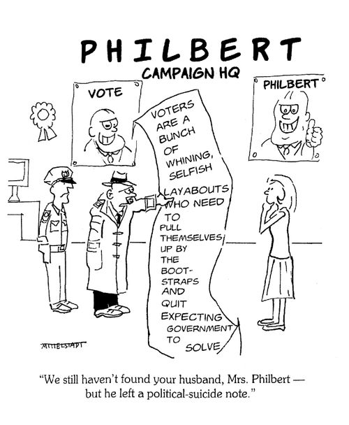 'We still haven't found your husband, Mrs. Philbert, but he left a political-suicide note.'