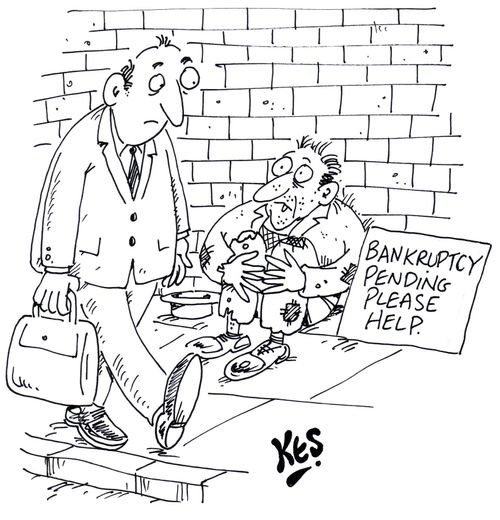Man begging with sign:'Bankruptcy pending please help'.