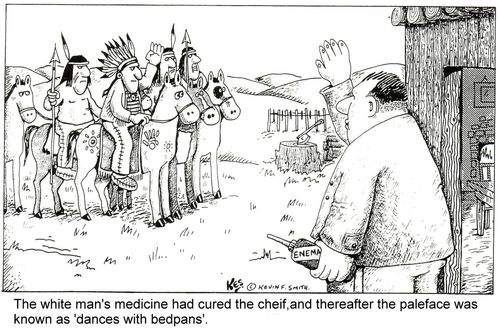 White man cures American Indian with an enema.