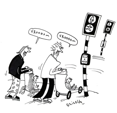 Mothers crossing the road with prams.