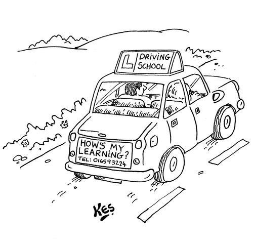 Driving school car has sign on the rear; 'How's my learning?'