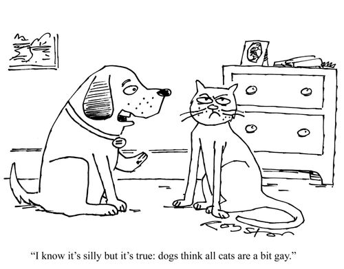Dog says to cat: 'I know it's silly but it's true: dogs think all cats are a bit gay.'